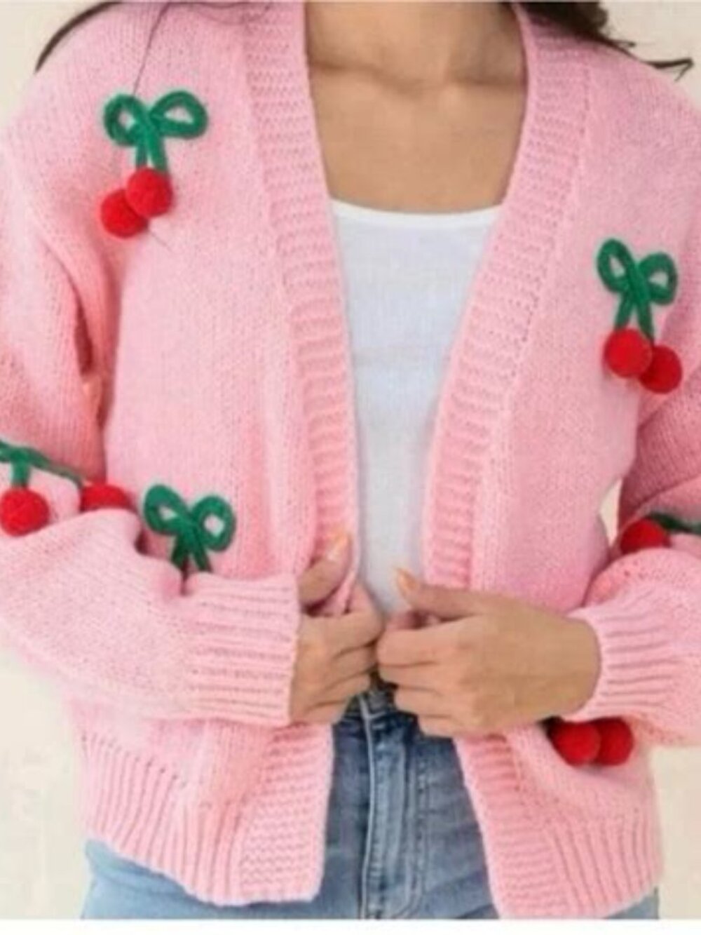 Luna Ivy Pink Size Large Open Front Knit Cardigan 3D Cherry Pom Pom Sweater